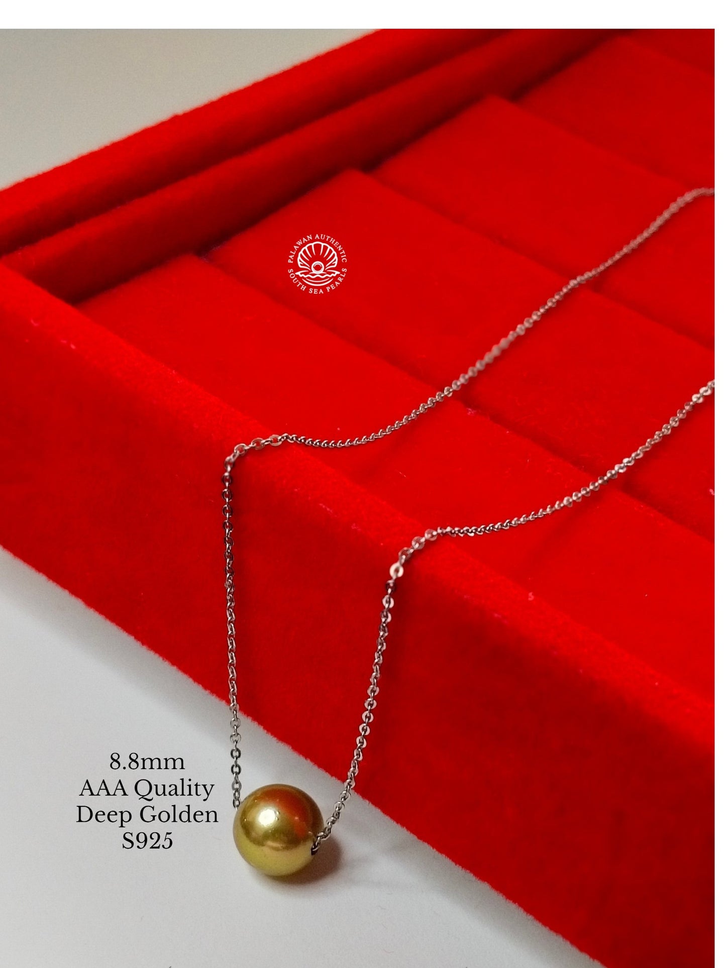 8.9mm Palawan Authentic Deep Golden Color South Sea Pearl Floating Necklace in S925