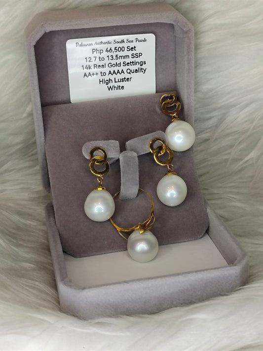 12.7mm to 13.5mm Authentic White South Sea Pearl Sets in 14k Real Gold Settings