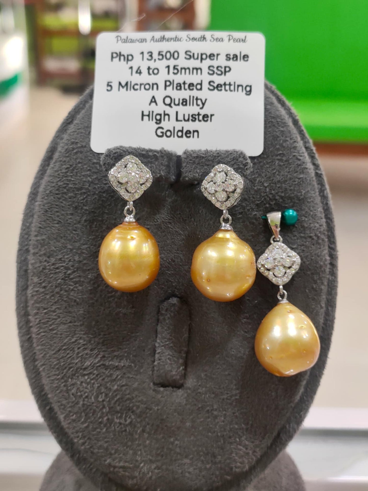 14mm to 15mm Authentic Golden Color South Sea Pearls Sets in 5 Micron Plated Settings