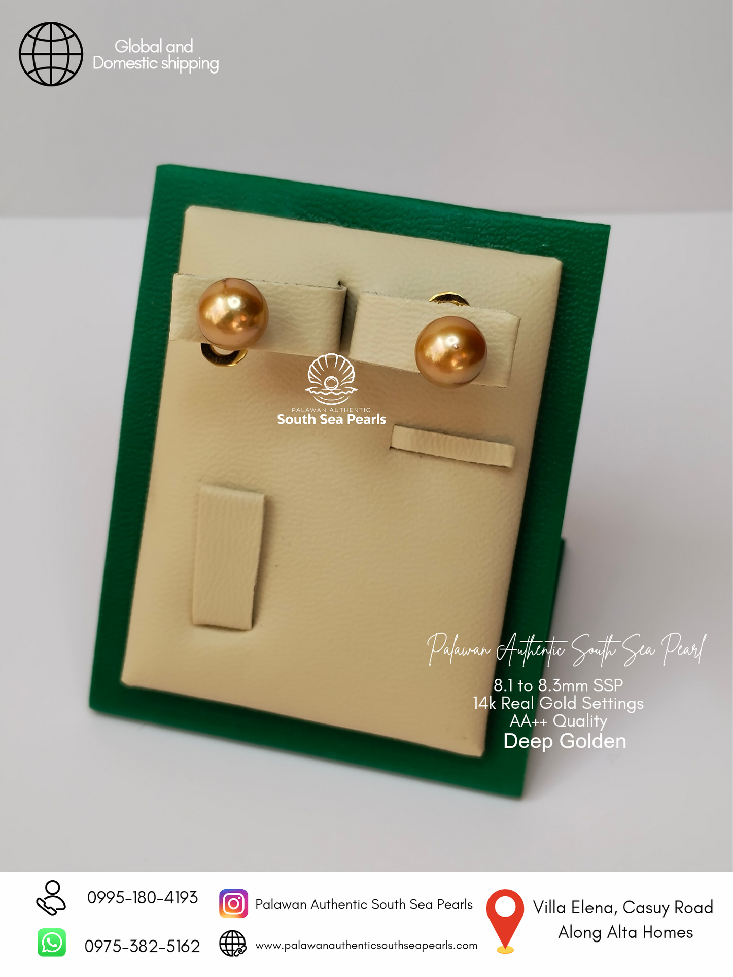 8.1mm to 8.3mm Palawan Authentic Deep Golden Color South Sea Pearl Earrings in 14k Real Gold Settings