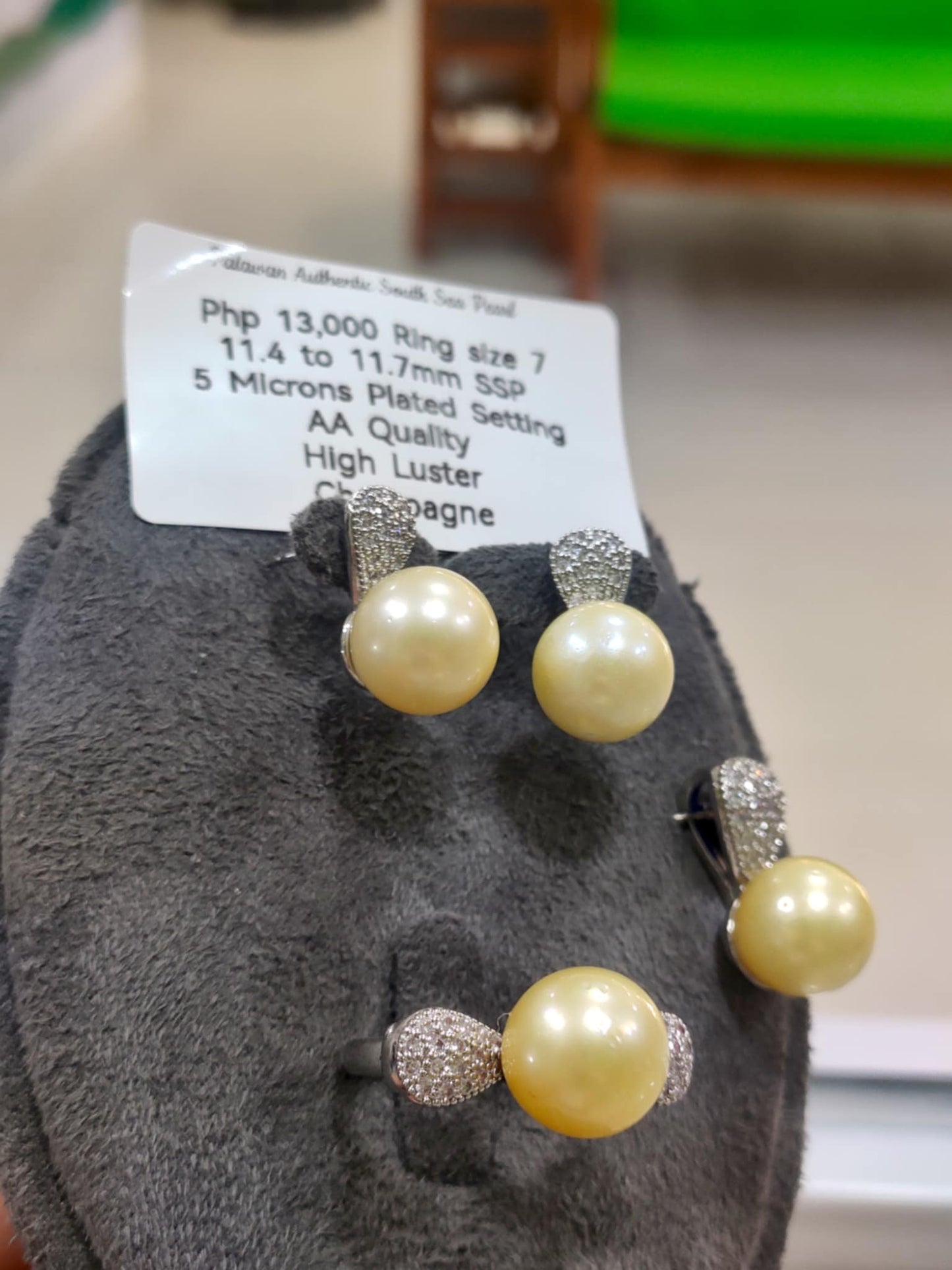 11.4mm to 11.7mm size 7 Authentic Champagne Color South Sea Pearls Sets in 5 Micron Plated Settings