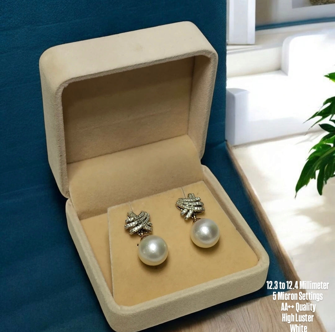 New Arrival! 12.3 to 12.4mm Authentic White South Sea Pearl Earring in 5 Micron Settings