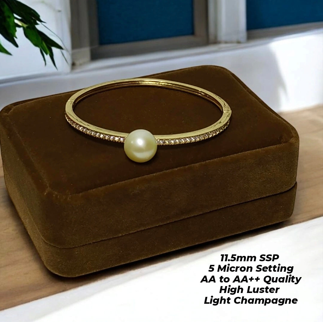 New Arrival! 12.1mm Authentic Light Champagne Color South Sea Pearl Bangle in 5 Micron Setting