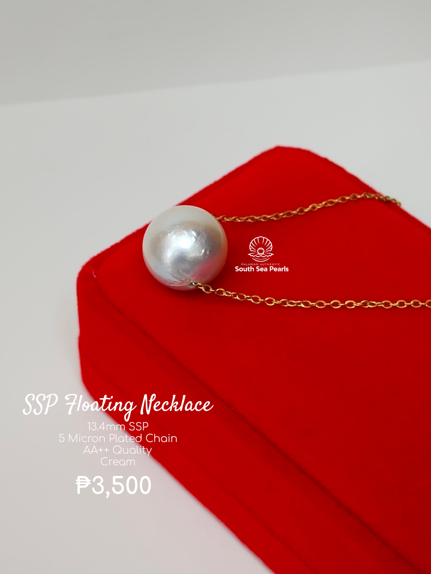 13.4mm Palawan Authentic Cream Color South Sea Pearl Floating Necklace in 5 Micron Plated Settings