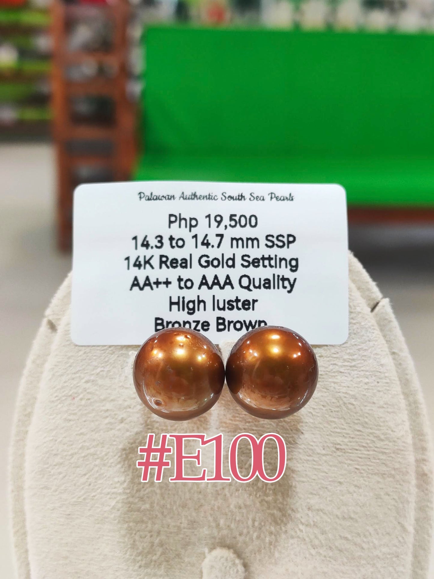 New Arrival! 14.3mm to 14.7mm Authentic Bronze Brown Color South Sea Pearls Stud Earrings in 14k Gold