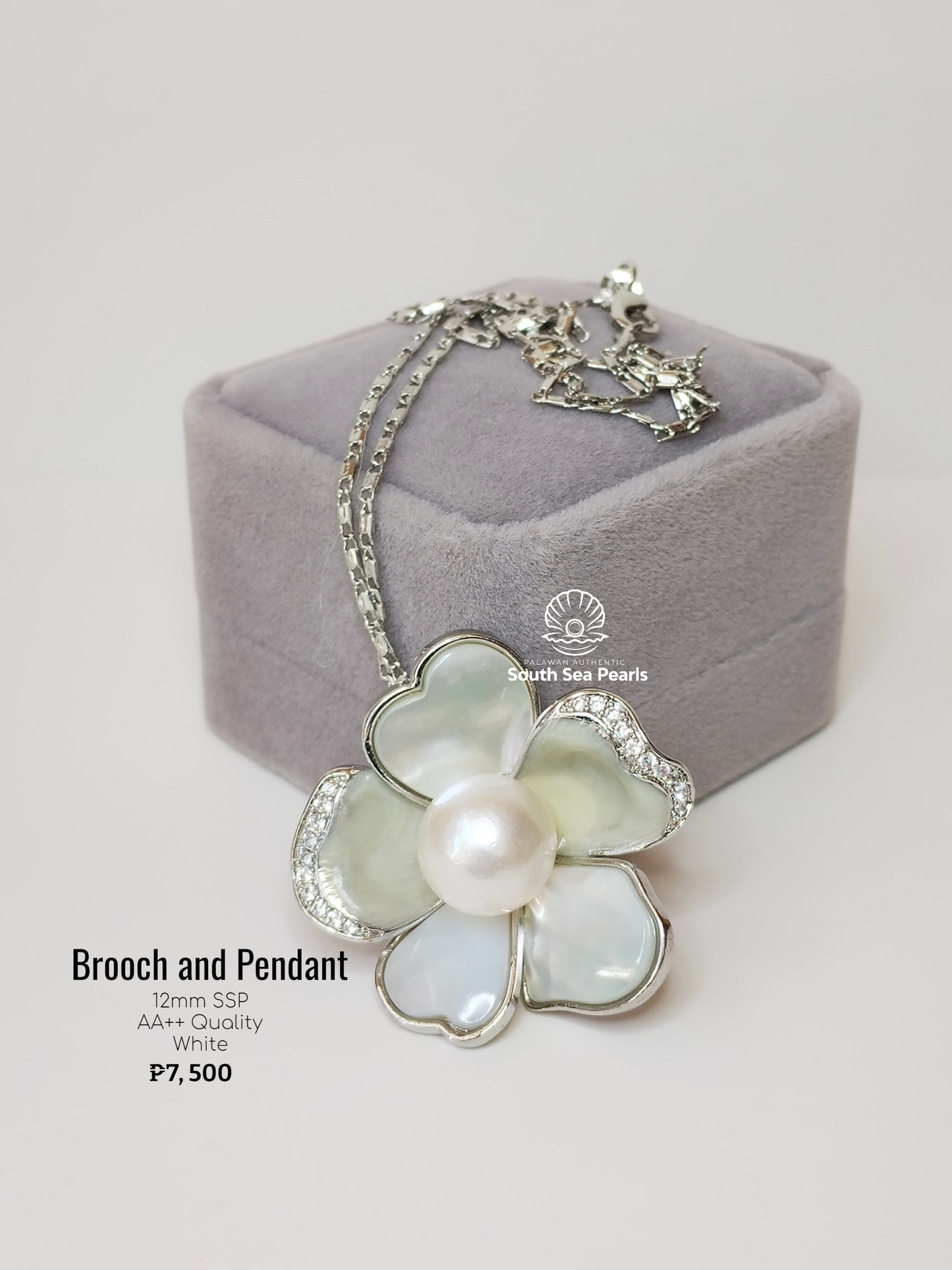 12mm Palawan Authentic White Color South Sea Pearl Brooch in 5 Micron Plated Settings