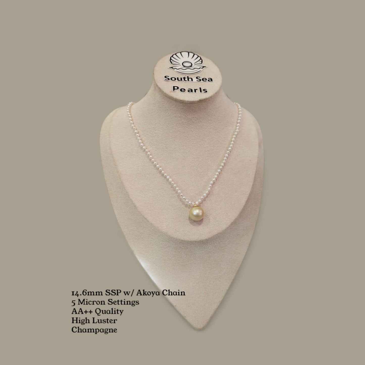 New Arrival! 14.6mm Authentic Champagne Color South Sea Pearl Pendant and Akoya Pearl Chain in 5 Micron Lock Settings