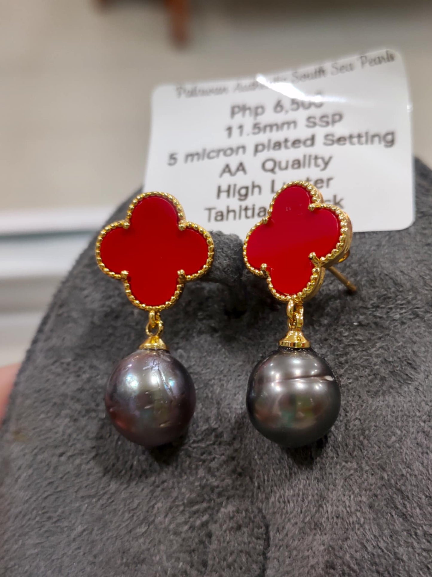 11.5mm Authentic Tahitian Black Color South Sea Pearls in 5 Micron Plated Settings