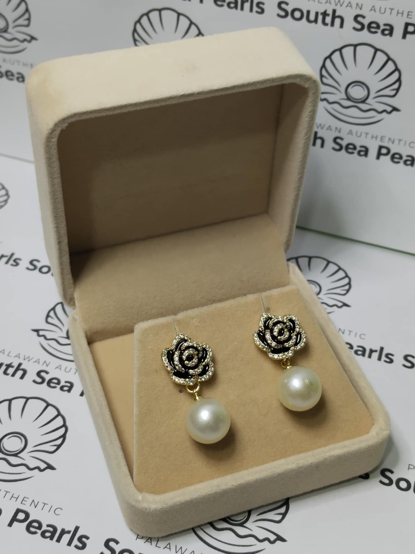 New Arrival! 11.1 to 11.4mm Authentic Champagne Color South Sea Pearl Earrings in 5 Micron Plated Settings