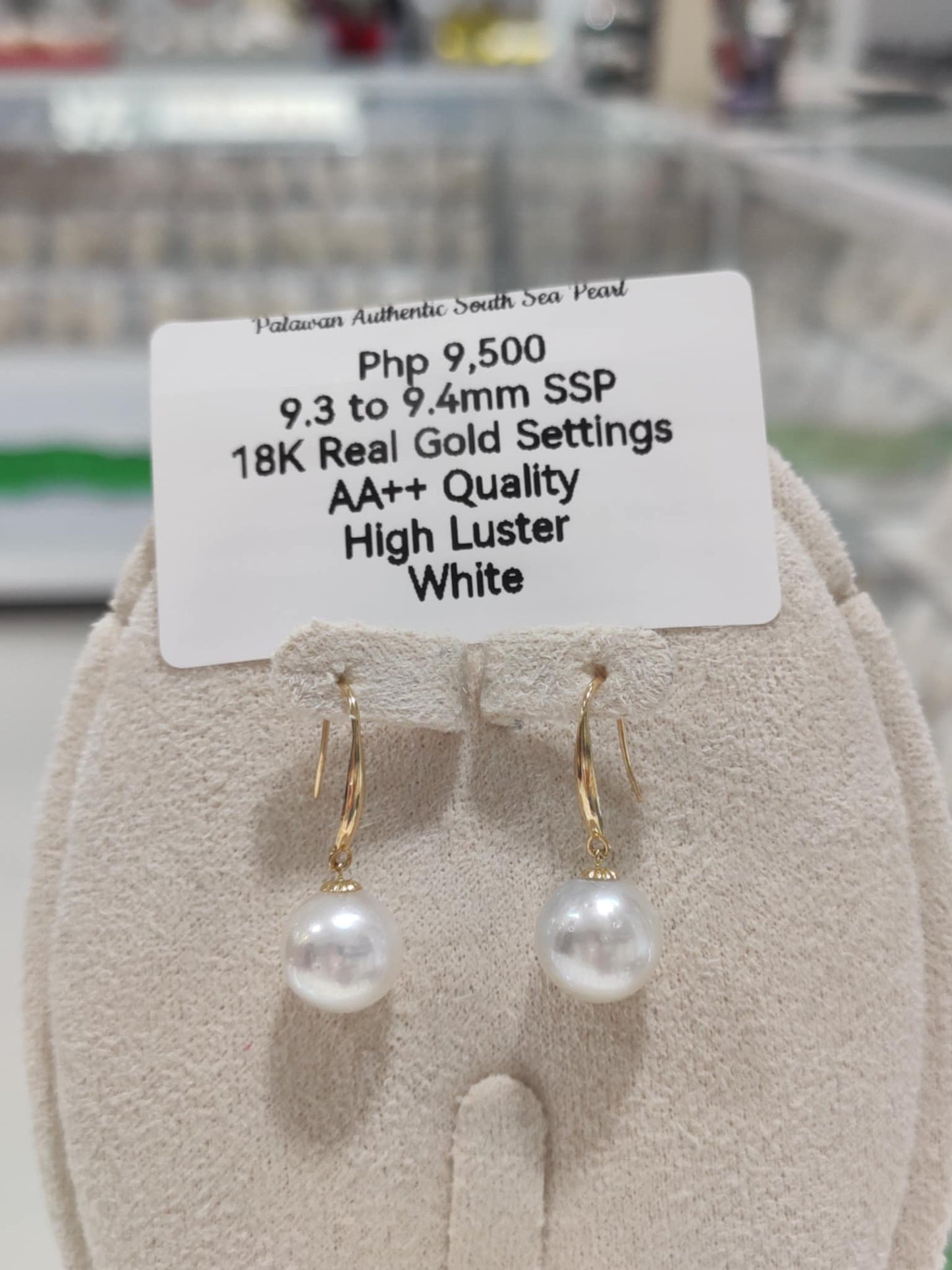 9.3mm to 9.4mm Authentic White South Sea Pearls in 18k Real Gold Settings