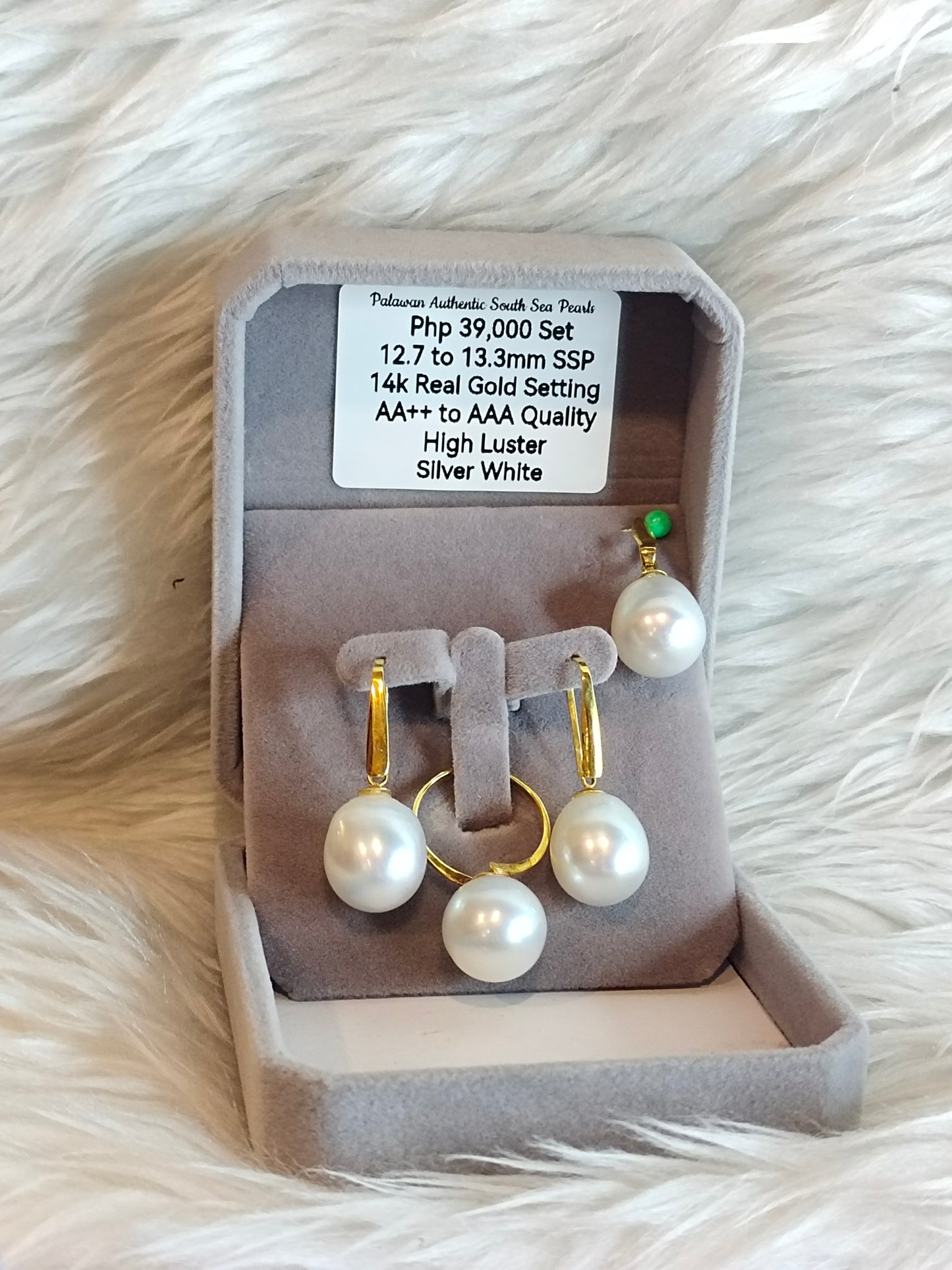 12.7mm to 13.3mm Authentic Silver White South Sea Pearl Sets in 14k Real Gold Settings