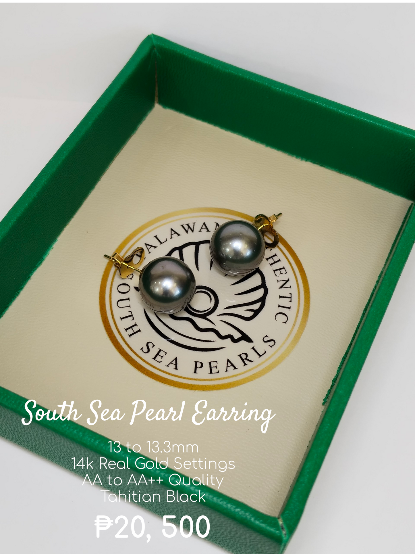 13mm to 13.3mm Palawan Authentic Tahitian Black Color South Sea Pearl Earring in 14k Real Gold Settings
