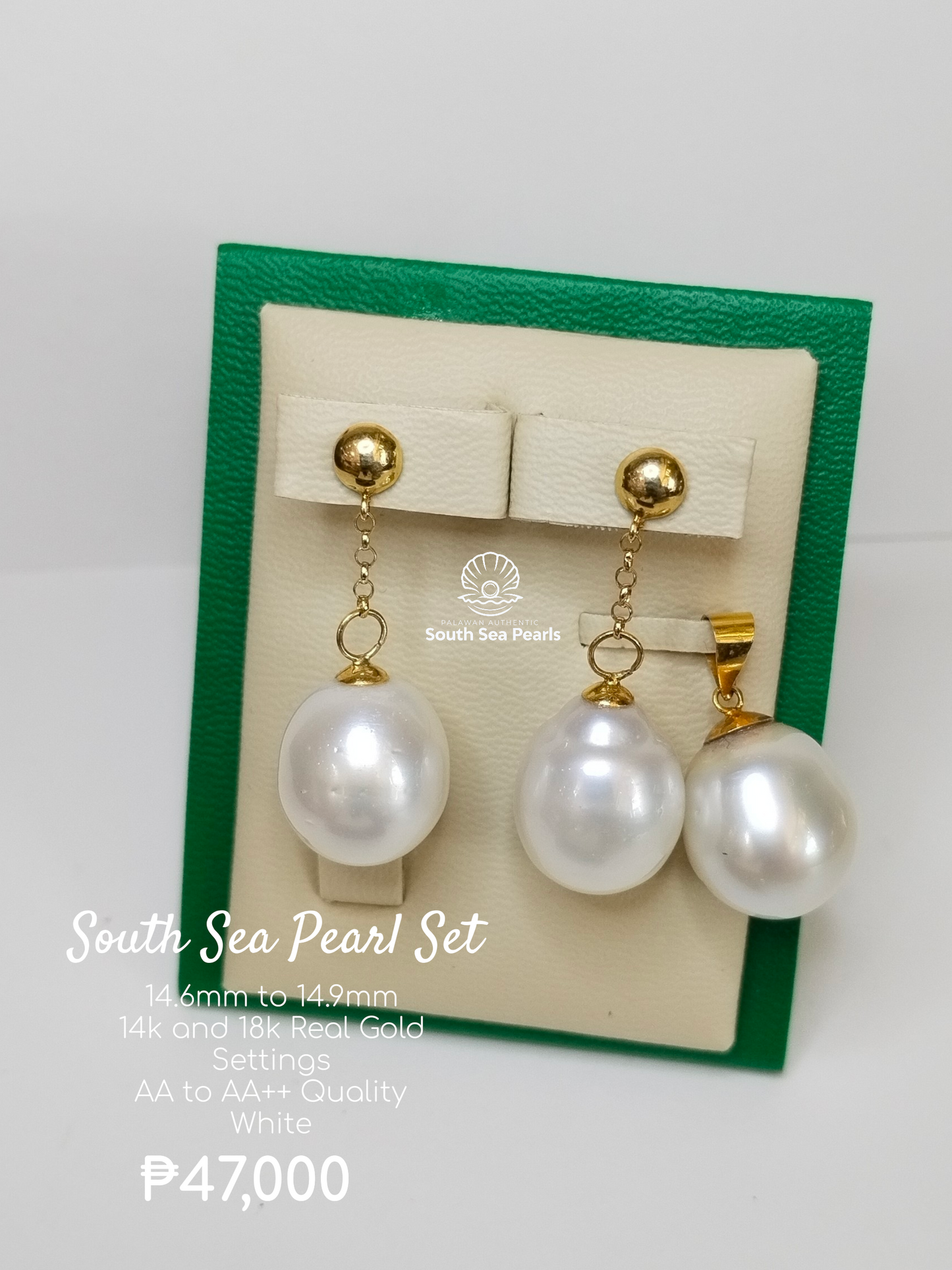14.6mm to 14.9mm Palawan Authentic White Color Sets in 14k Real Gold Settings