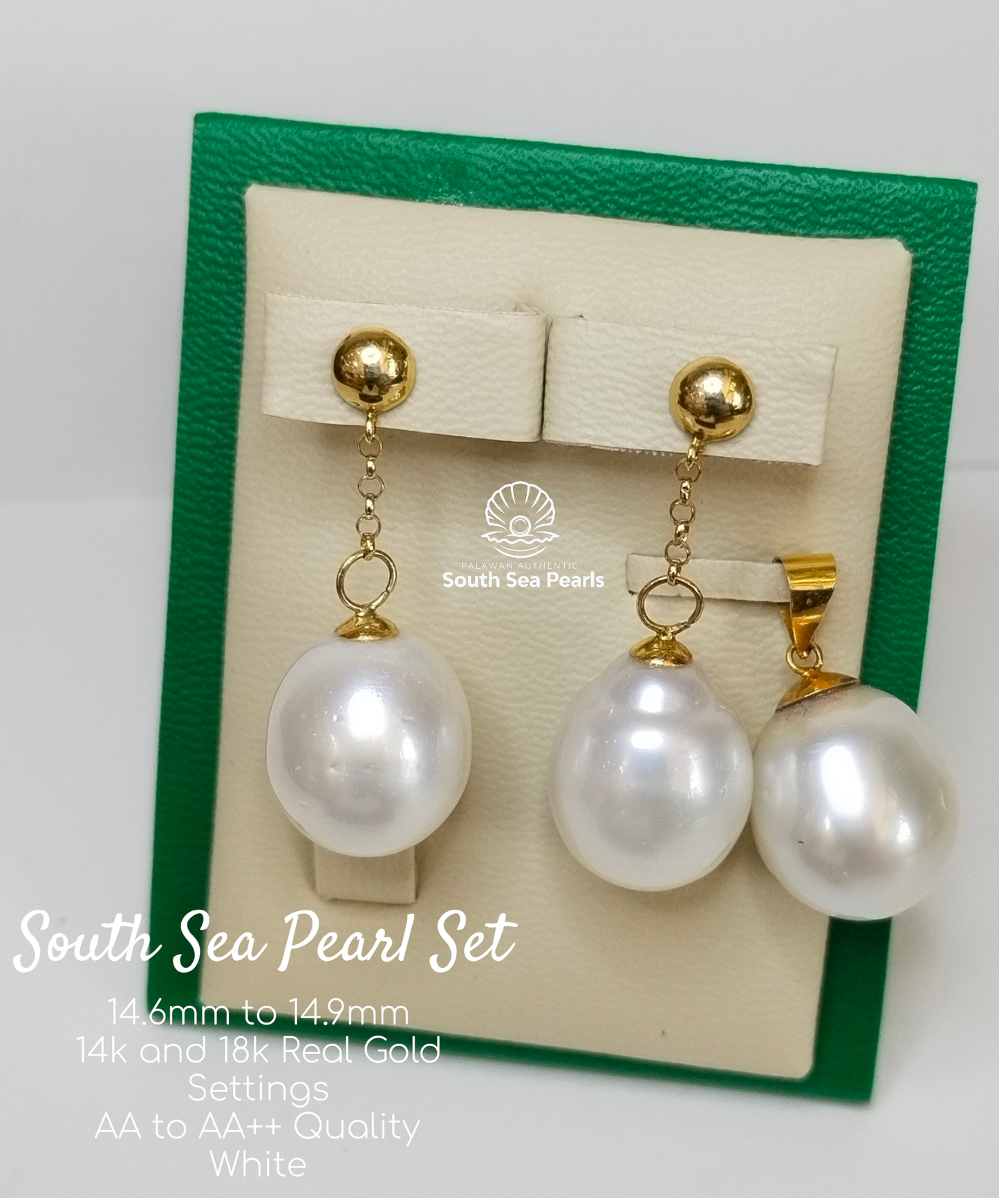 14.6mm to 14.9mm Palawan Authentic White Color Sets in 14k Real Gold Settings