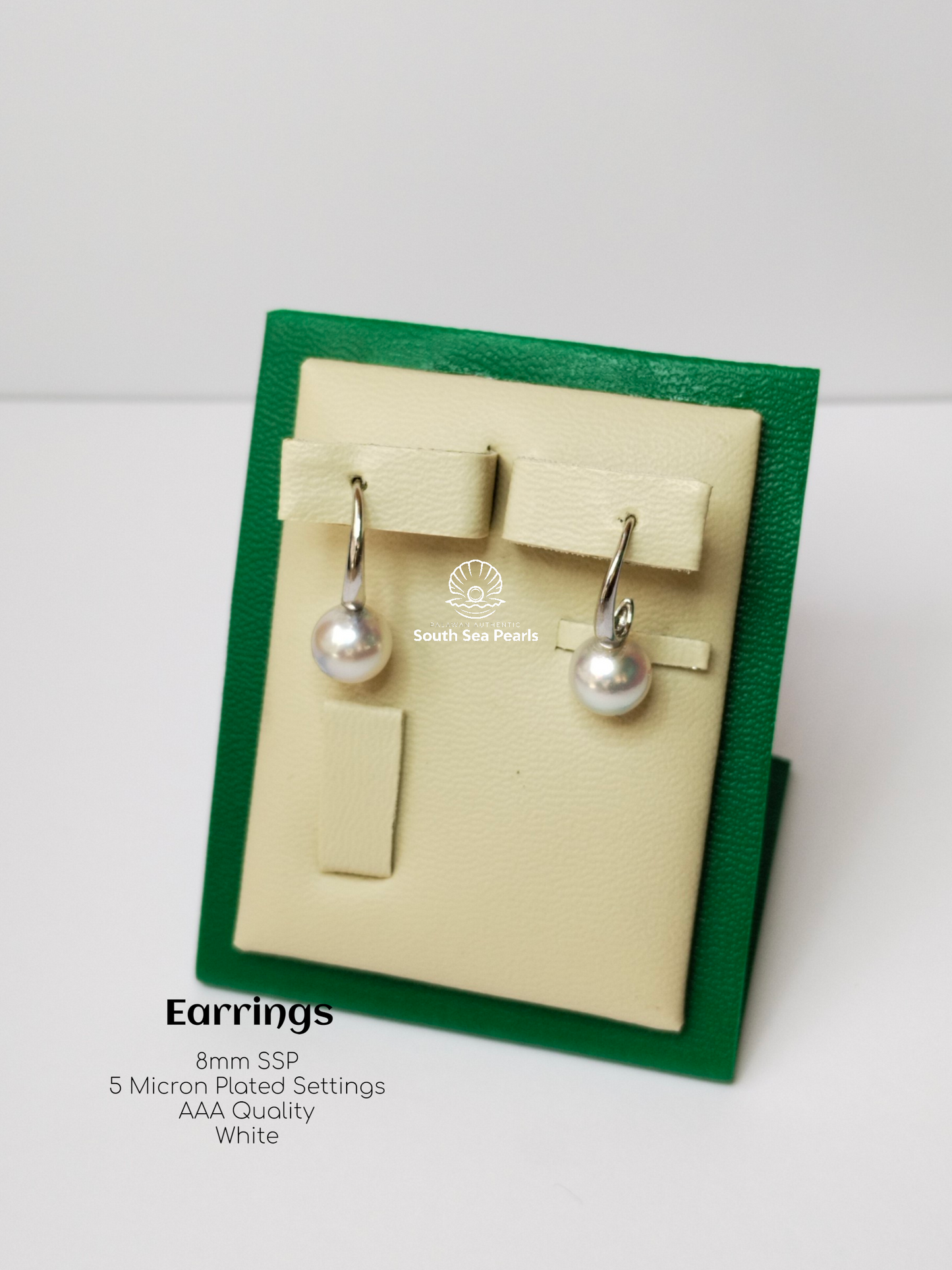8mm Palawan Authentic White Color South Sea Pearl Earrings in 5 Micron Plated Settings