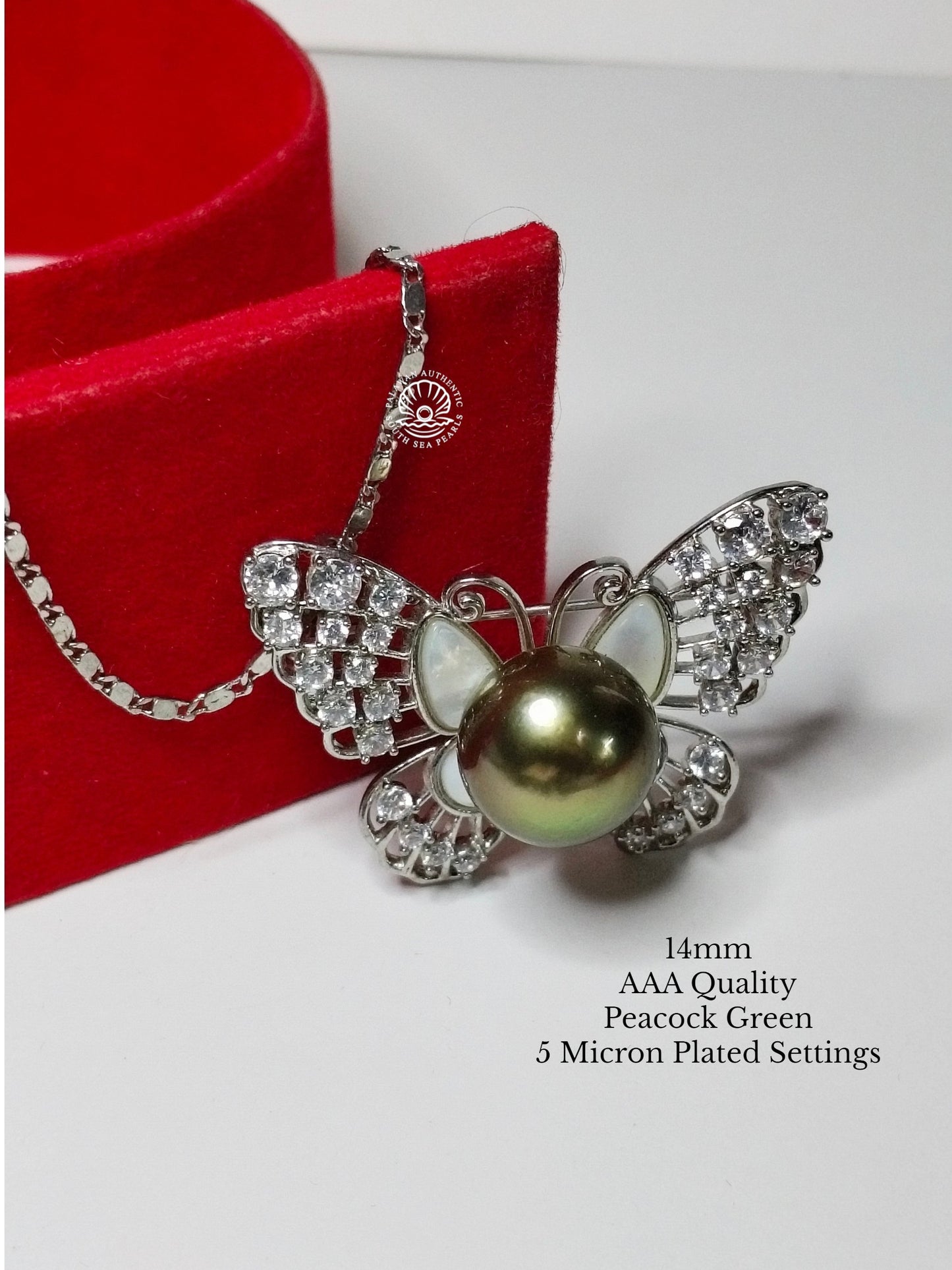 14mm Palawan Authentic Peacock Green Color South Sea Pearl Brooch in 5 Micron Plated Settings