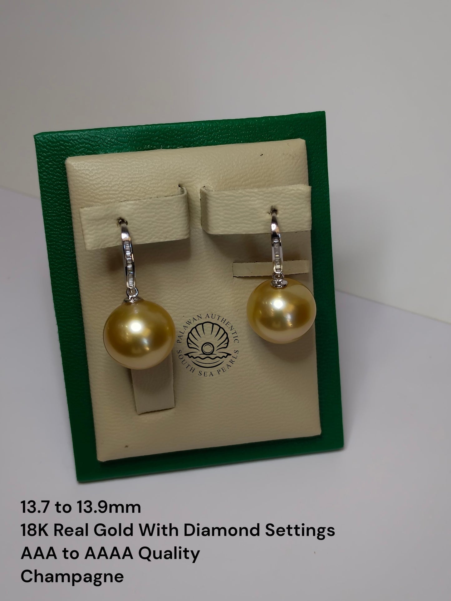 13.7 to 13.9 Palawan Authentic Champagne Color South Sea Pearl in 18k Real Gold and Diamonds