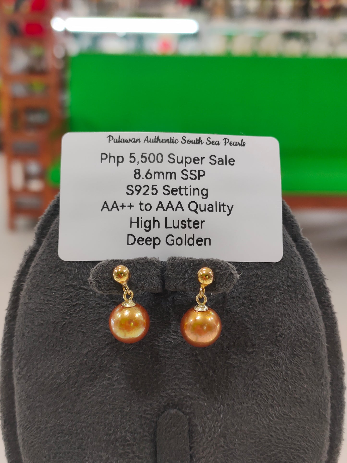 Authentic South Sea Pearl Earrings in S925 Settings 8.6mm AA++ to AAA Quality High Luster Deep Golden