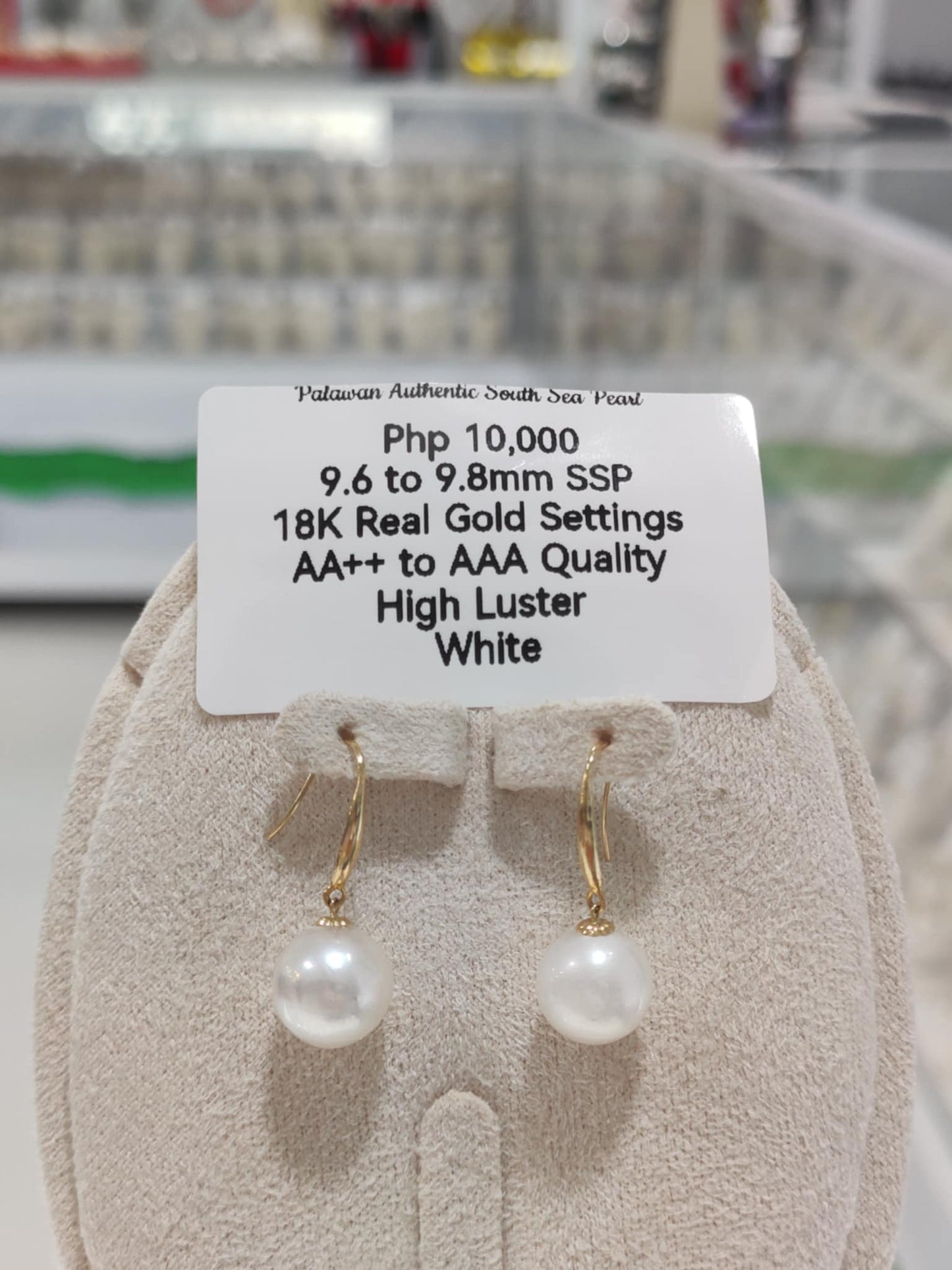 9.6mm to 9.8mm Authentic White South Sea Pearls in 18k Real Gold Settings