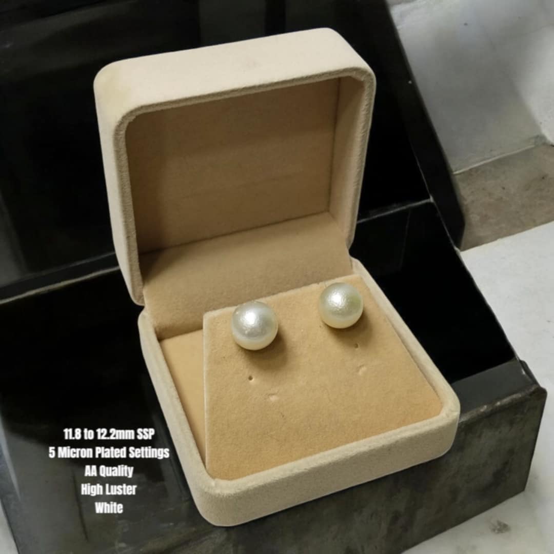 New Arrival! 11.8 to 12.2mm Authentic White South Sea Pearl Earrings in 5 Micron Plated Settings