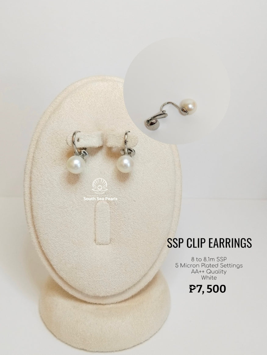 8mm to 8.1mm Palawan Authentic White Color South Sea Pearl Clip Earrings in 5 Micron Plated Settings