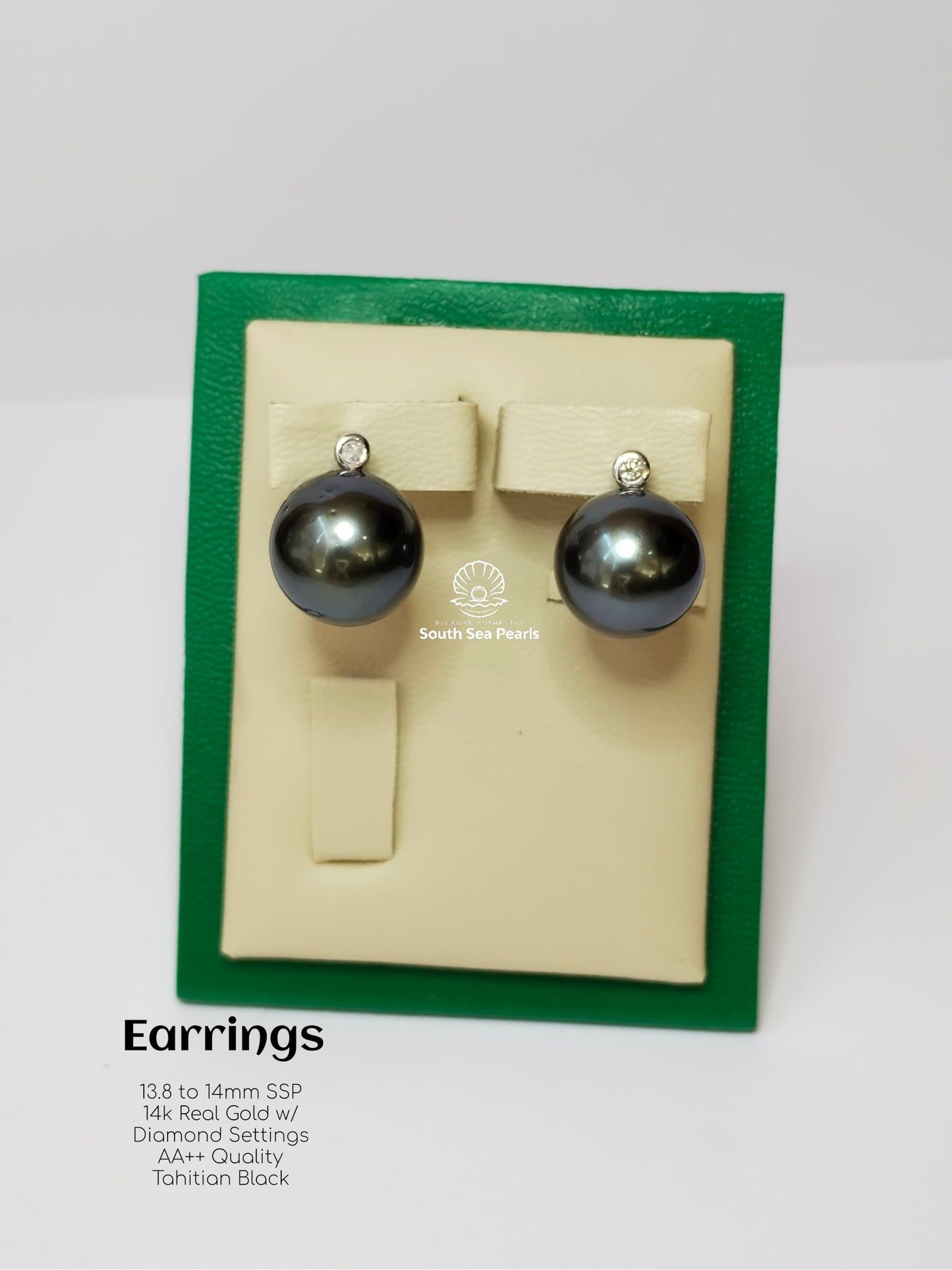 13.8mm to 14mm Palawan Authentic Tahitian Black Color South Sea Pearl in 14k Real Gold and Diamonds