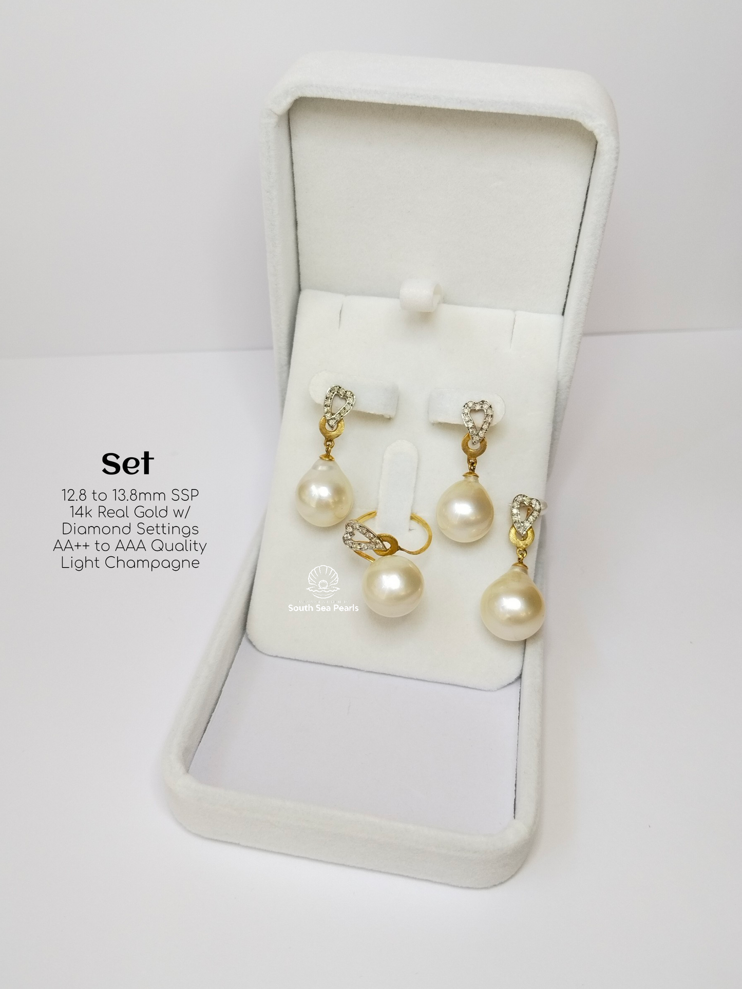 12.8mm to 13.8mm Palawan Authentic Light Champagne Color South Sea Pearl in 14k Real Gold and Diamonds