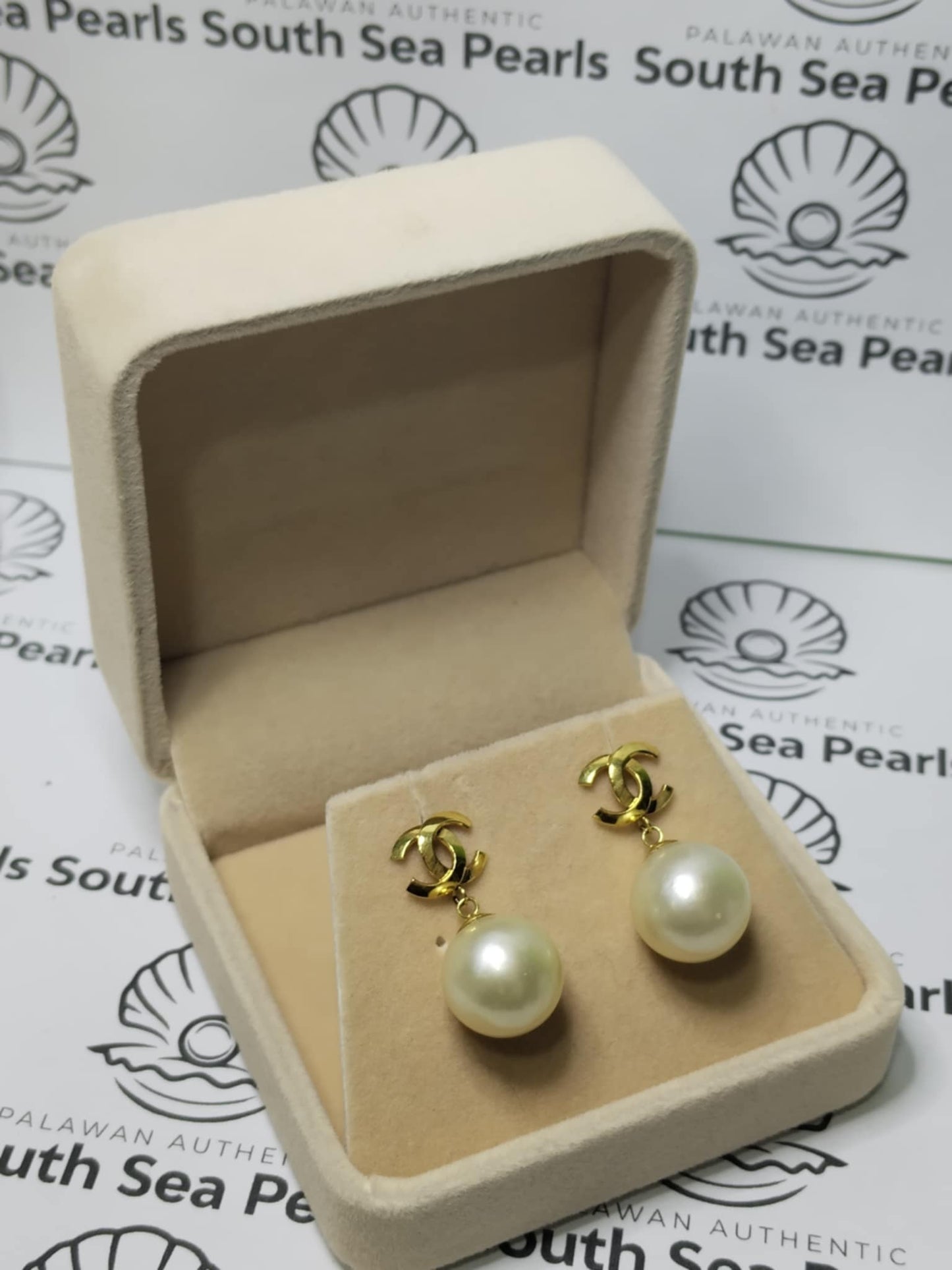 New Arrival! 13.2mm to 13.5mm Authentic Light Champagne Color South Sea Pearls Special Design Earrings in 14k Real Gold Settings