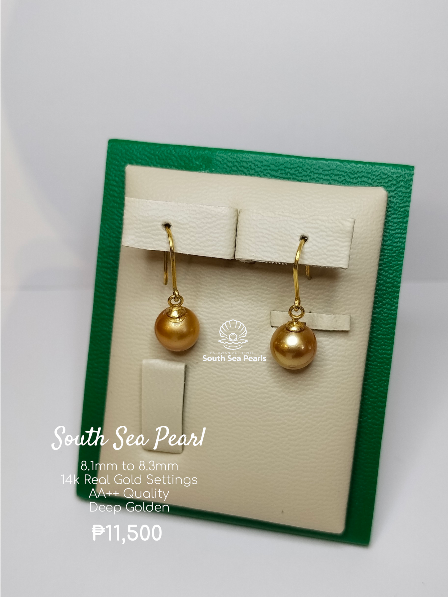 8.1mm to 8.3mm Palawan Authentic Deep Golden Color South Sea Pearl Earrings in 14k Real Gold Settings