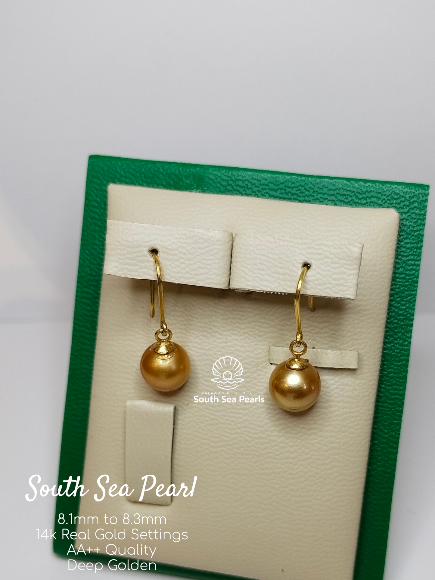 8.1mm to 8.3mm Palawan Authentic Deep Golden Color South Sea Pearl Earrings in 14k Real Gold Settings