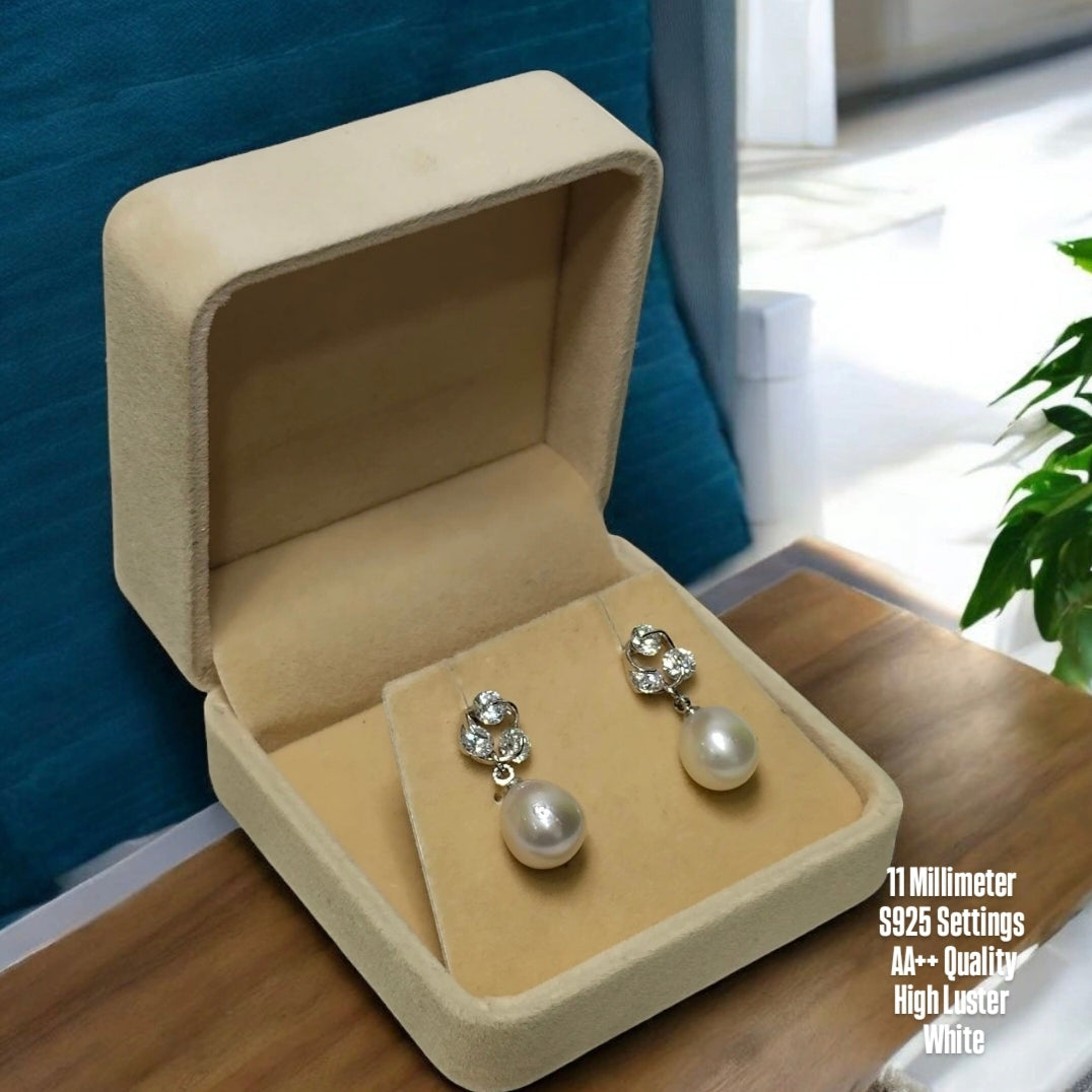 New Arrival! 11mm Authentic White South Sea Pearl Earring in 5 Micron Settings