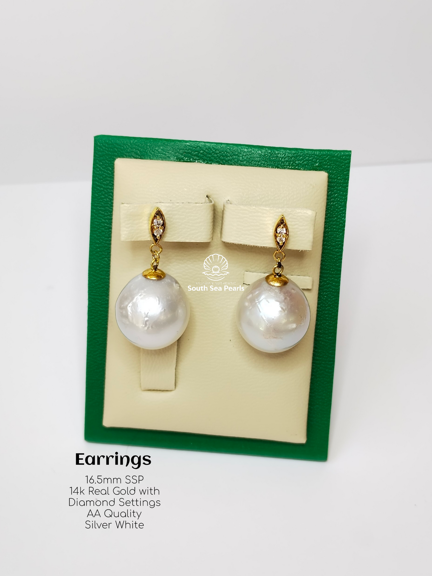 16.5mm Palawan Authentic Silver White Color South Sea Pearl in 14k Real Gold and Diamonds