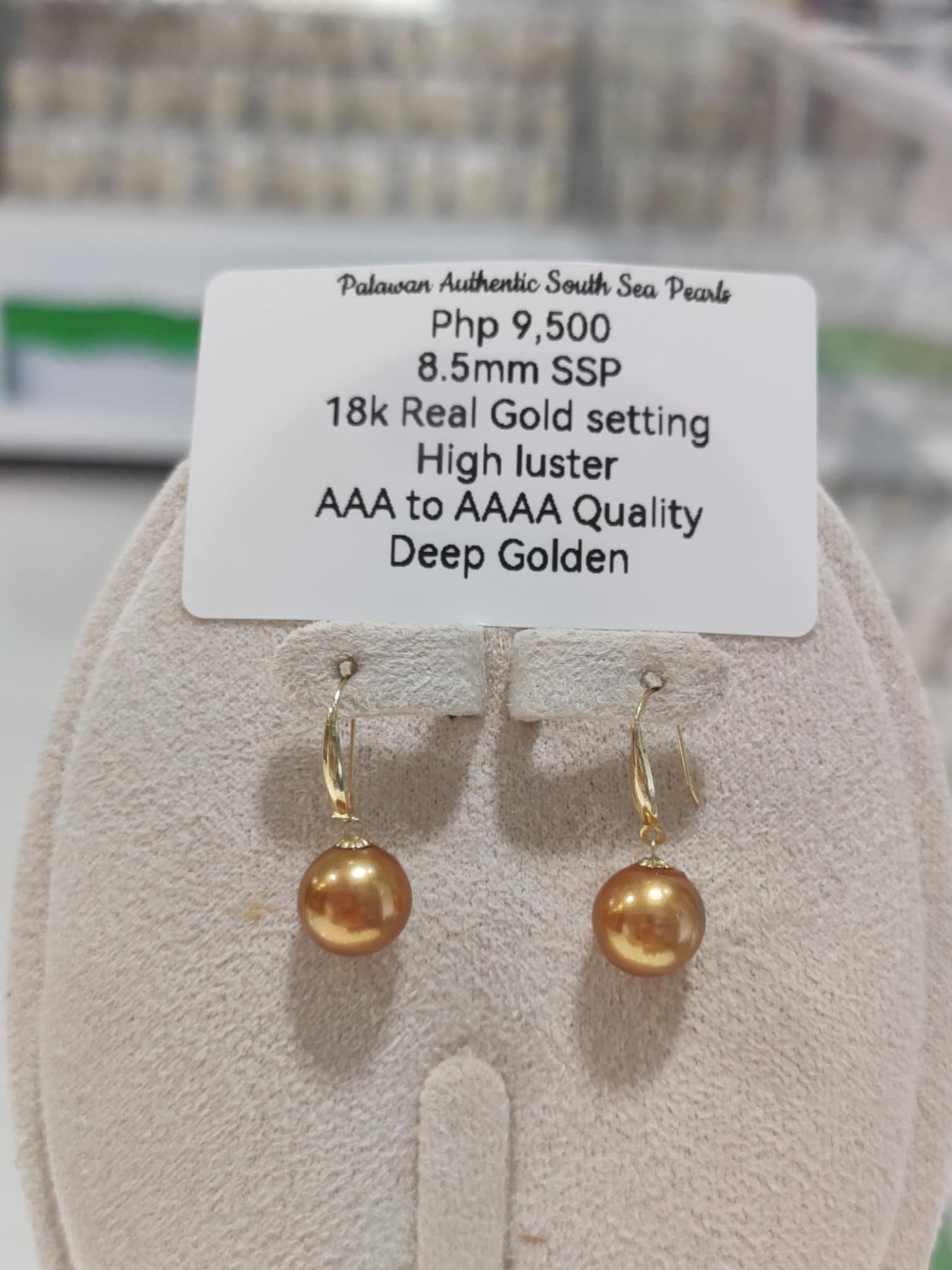 New Arrival! 8.5mm Authentic Deep Golden Color South Sea Pearls Earrings in 18k Gold Settings