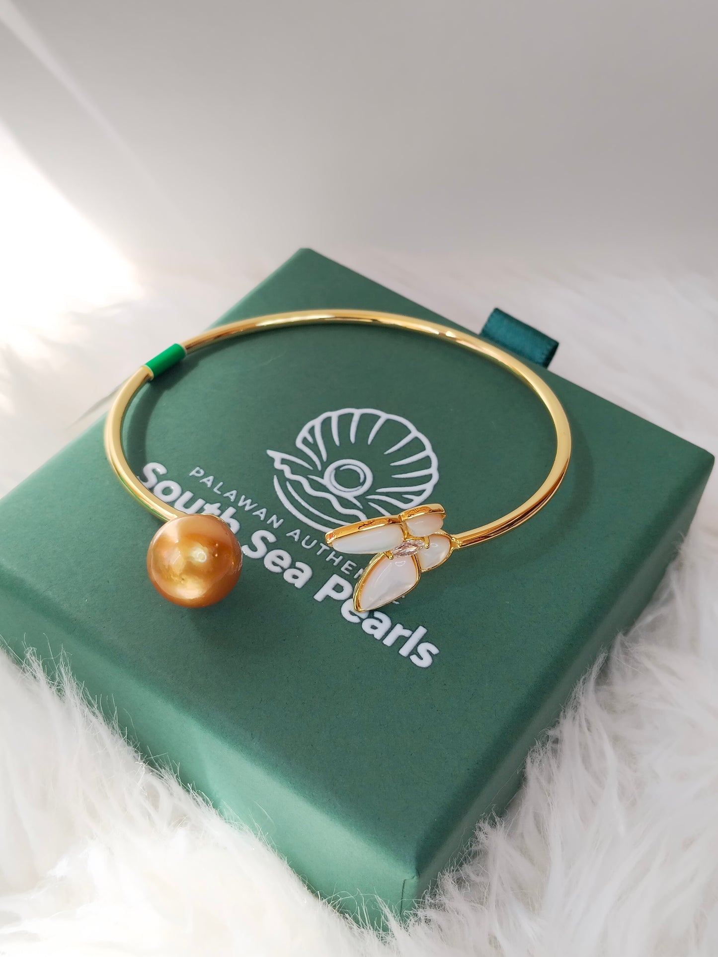 12mm Palawan Authentic Deep Golden Color South Sea Pearl Bangle in 5 Micron Plated Settings