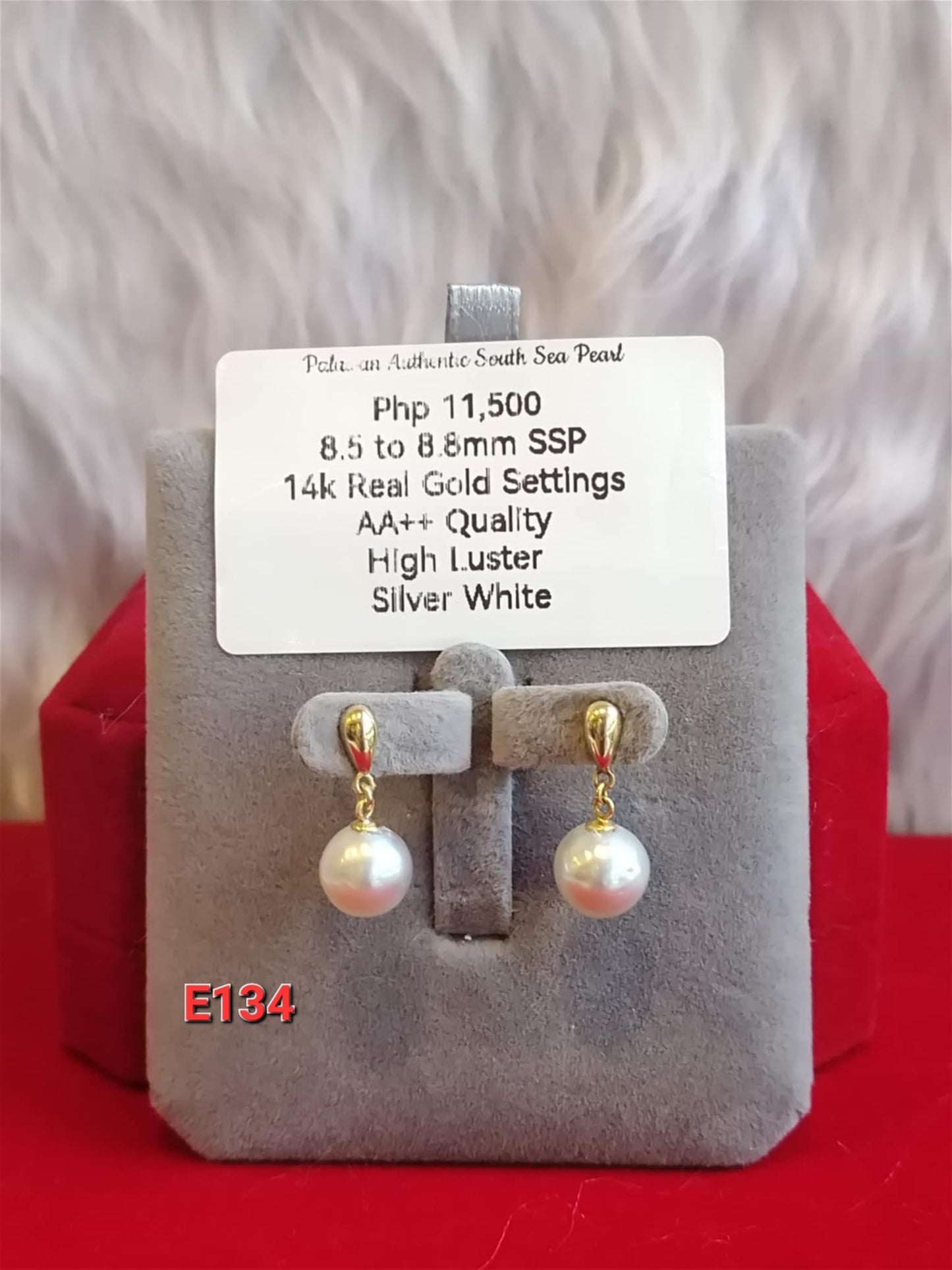 8.5mm to 8.8mm Authentic Silver White Color South Sea Pearls Earrings in 14k Gold Settings