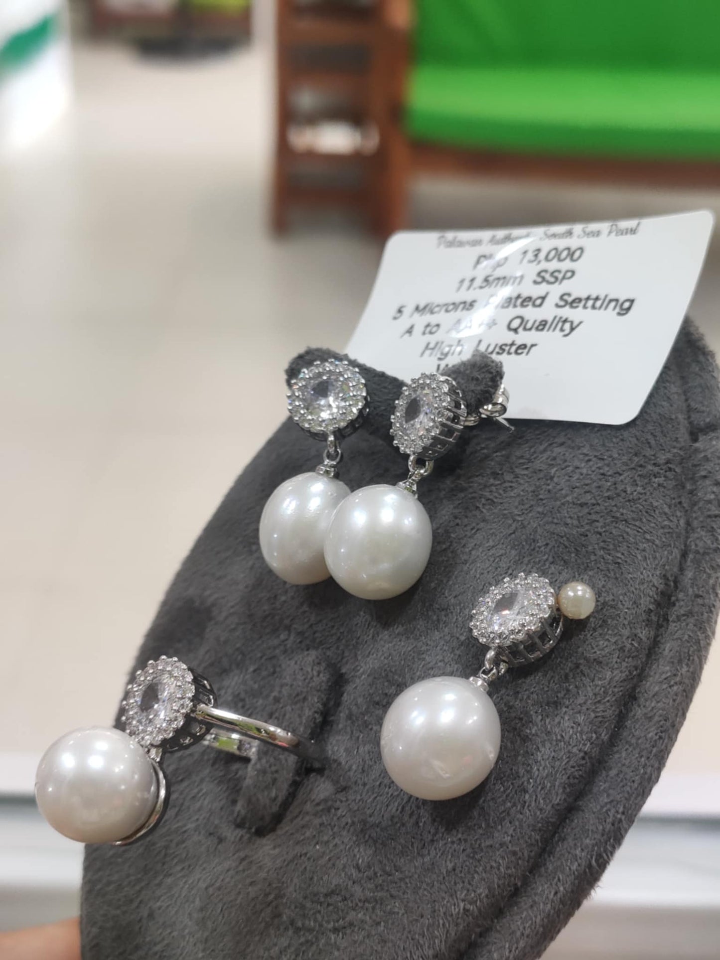 11.5mm Authentic White South Sea Pearls Sets in 5 Microns Plated Settings