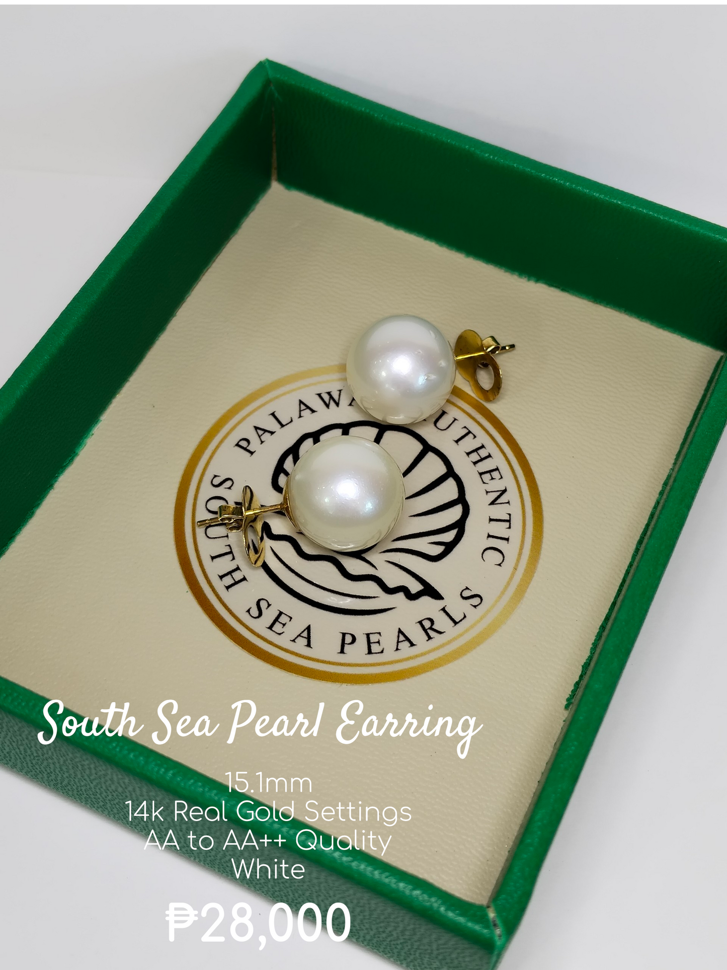 15.1mm Palawan Authentic White Color South Sea Pearl Earring in 14k Real Gold Settings