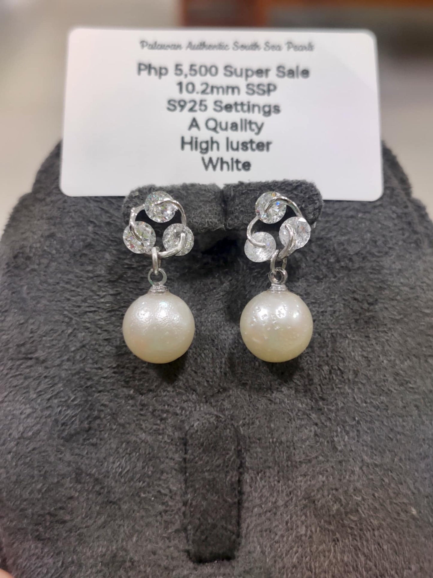 10.2mm authentic White South Sea Pearls Earrings in S925 Settings