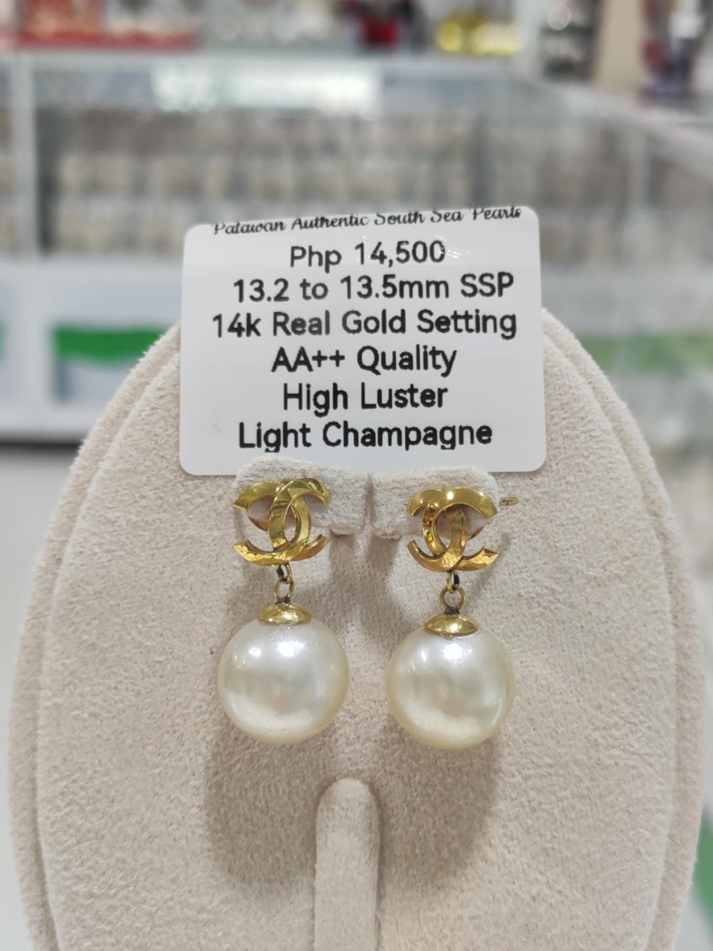 13.2mm to 13.5mm Authentic Light Champagne Color South Sea Pearls Special Design in 14k Real Gold Settings