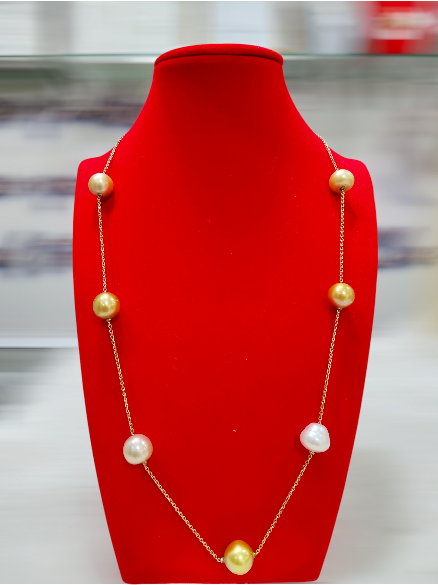 12mm to 13.5mm Multi Color South Sea Pearls Station Necklace in 10K Gold