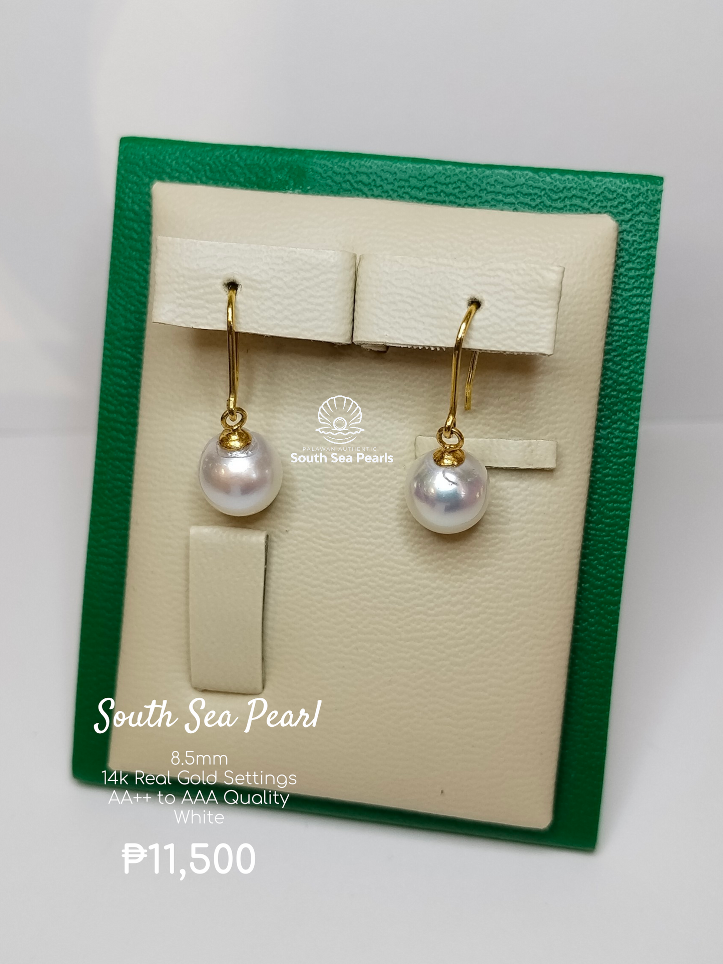 8.5mm Palawan Authentic White Color South Sea Pearl Earrings in 14k Real Gold Settings