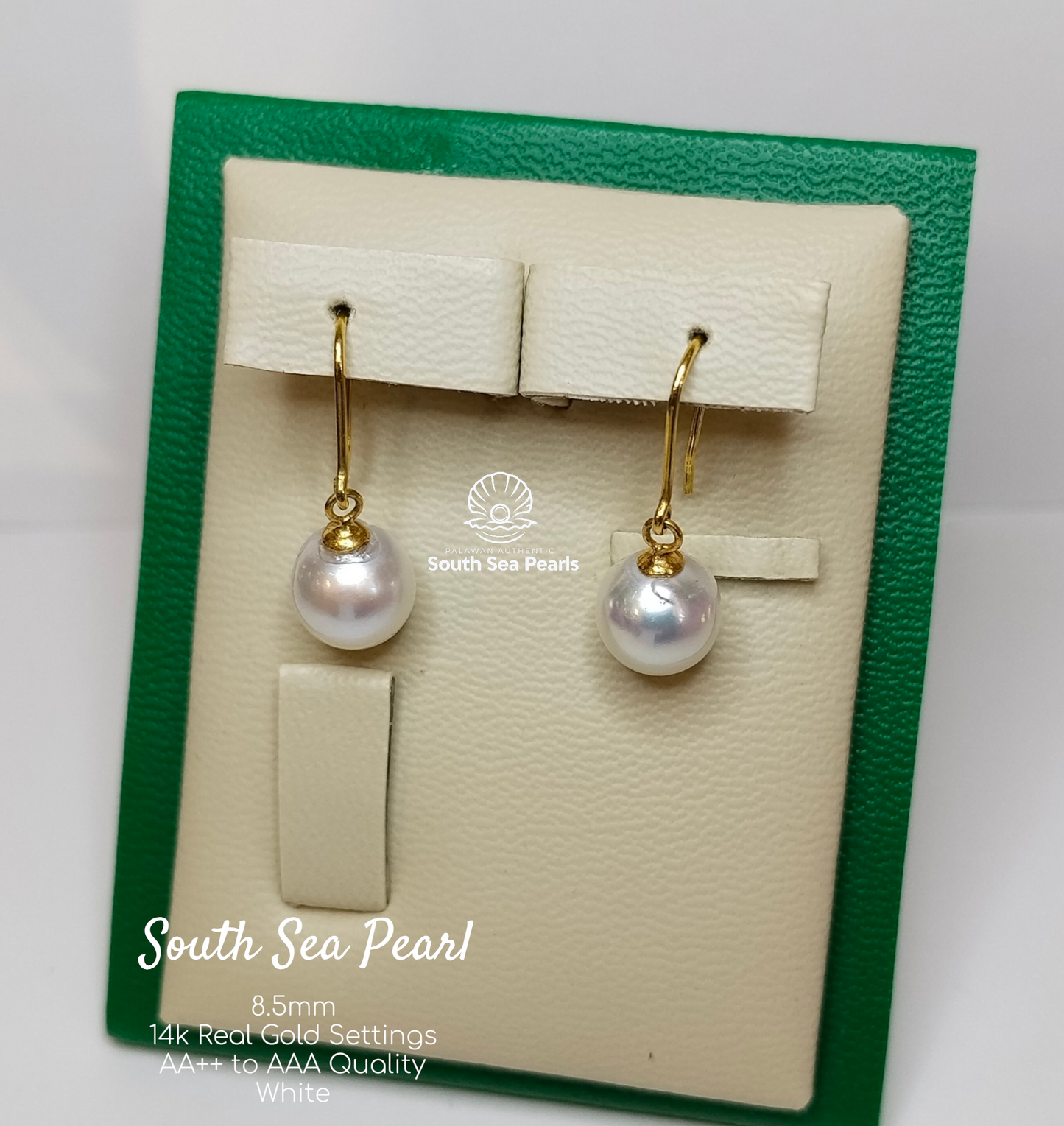 8.5mm Palawan Authentic White Color South Sea Pearl Earrings in 14k Real Gold Settings