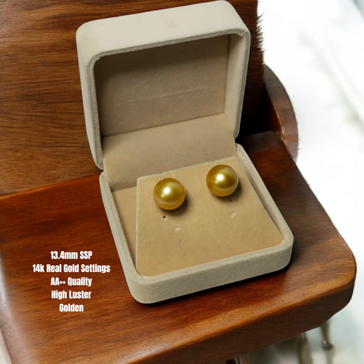 New Arrival! 13.4mm Authentic Golden Color South Sea Pearls Earrings in 14K Gold Settings