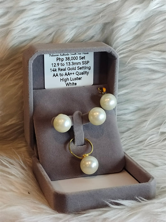 12.9mm to 13.3mm Authentic White Color South Sea Pearl Sets in 14k Real Gold Settings