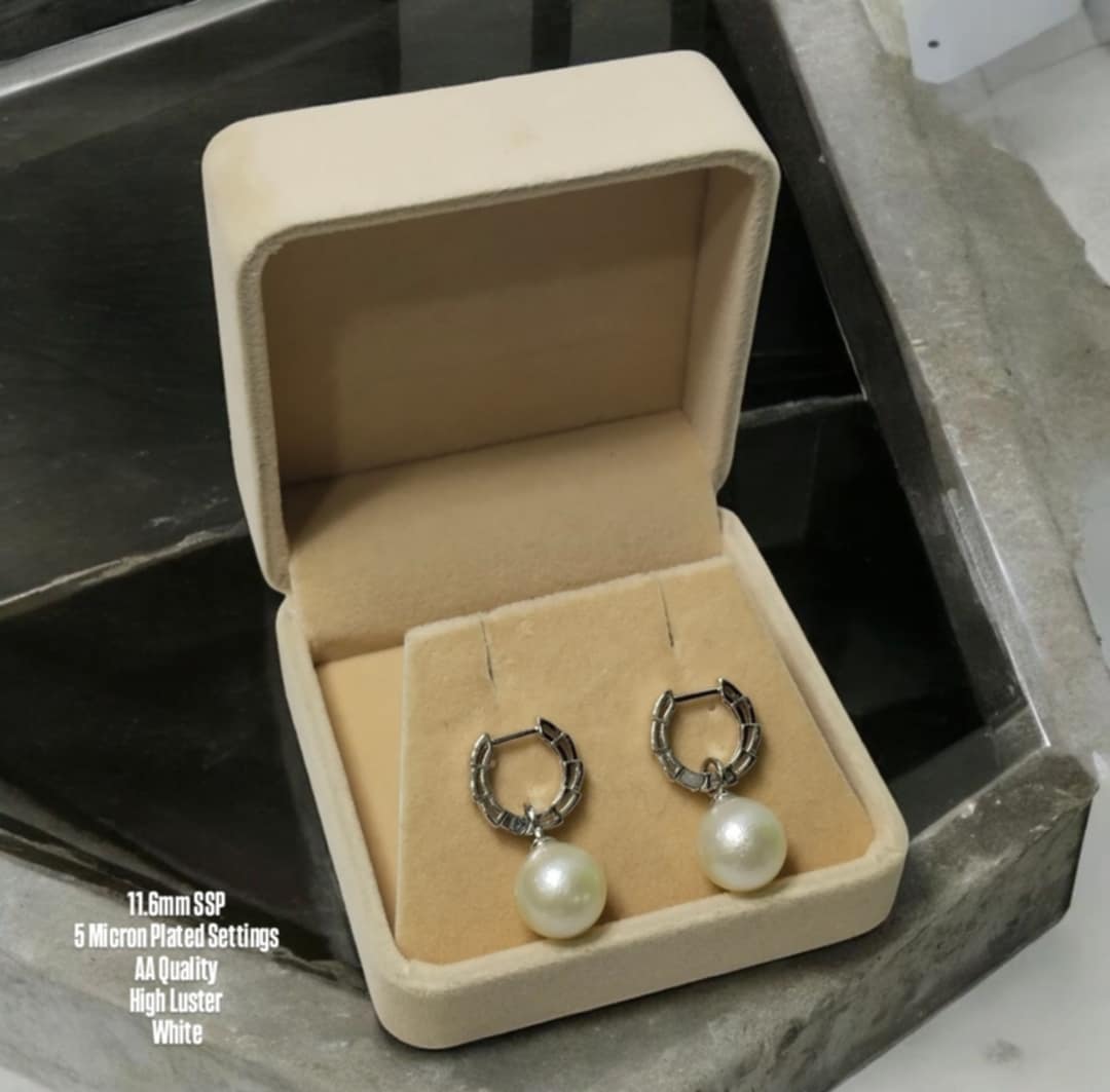 New Arrival! 11.6mm Authentic White South Sea Pearl Earrings in 5 Micron Plated Settings