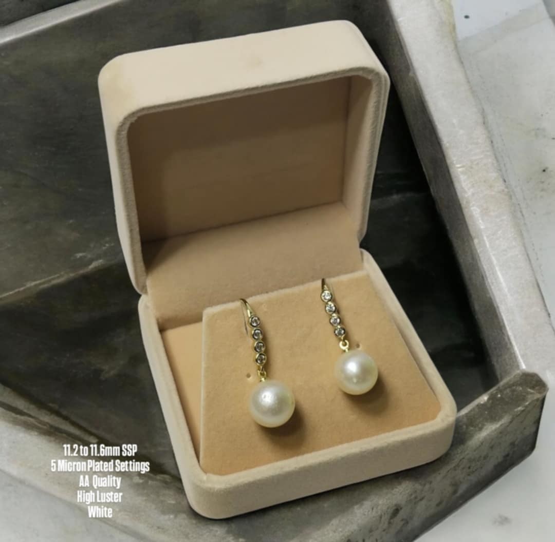 New Arrival! 11.2 to 11.6mm Authentic White South Sea Pearl Earrings in 5 Micron Plated Settings