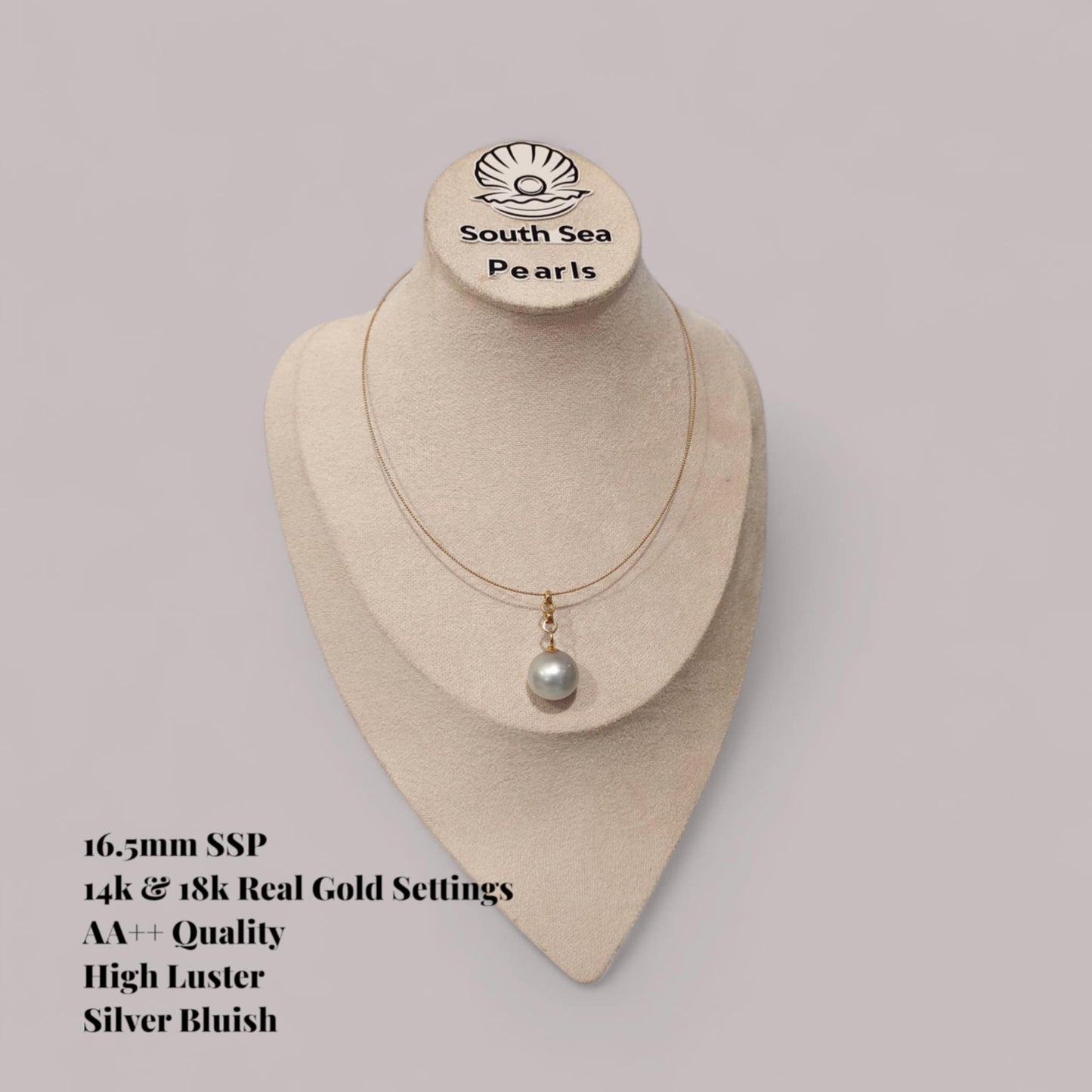 New Arrival! 16.5mm Authentic Silver Bluish Color South Sea Pearl Necklace in 14k & 18k Real Gold Settings