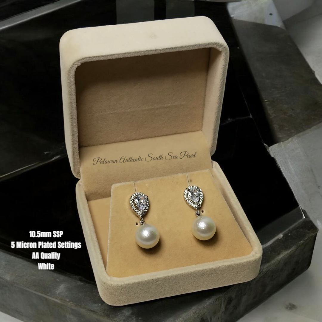 New Arrival! 10.5mm Authentic White South Sea Pearl Earrings in 5 Micron Plated Settings