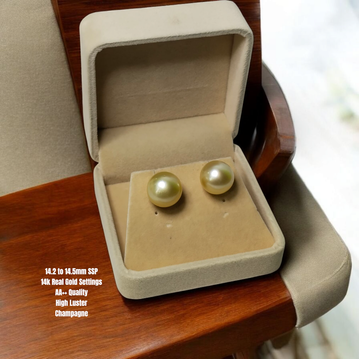 New Arrival! 14.mm Authentic Champagne Color South Sea Pearls Earrings in 14K Gold Settings