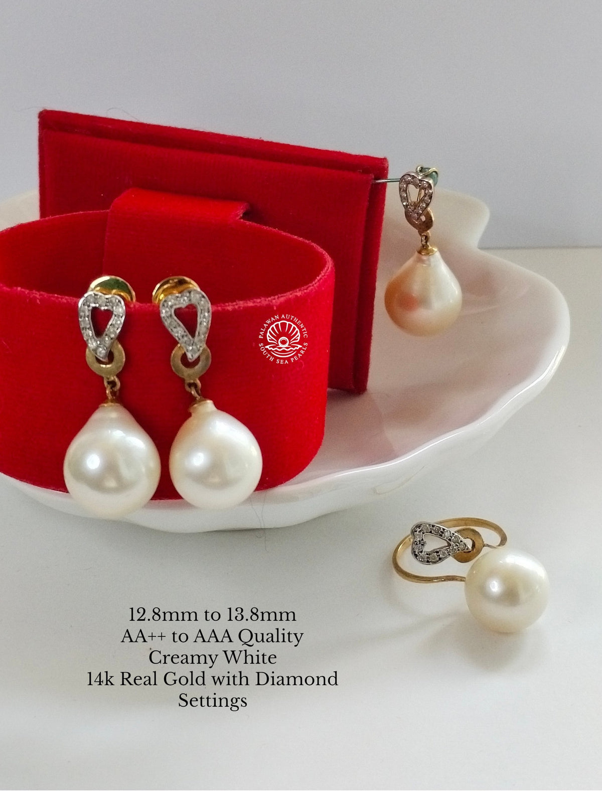 12.8mm to 13.8mm Palawan Authentic Light Champagne Color South Sea Pearl in 14k Real Gold and Diamonds